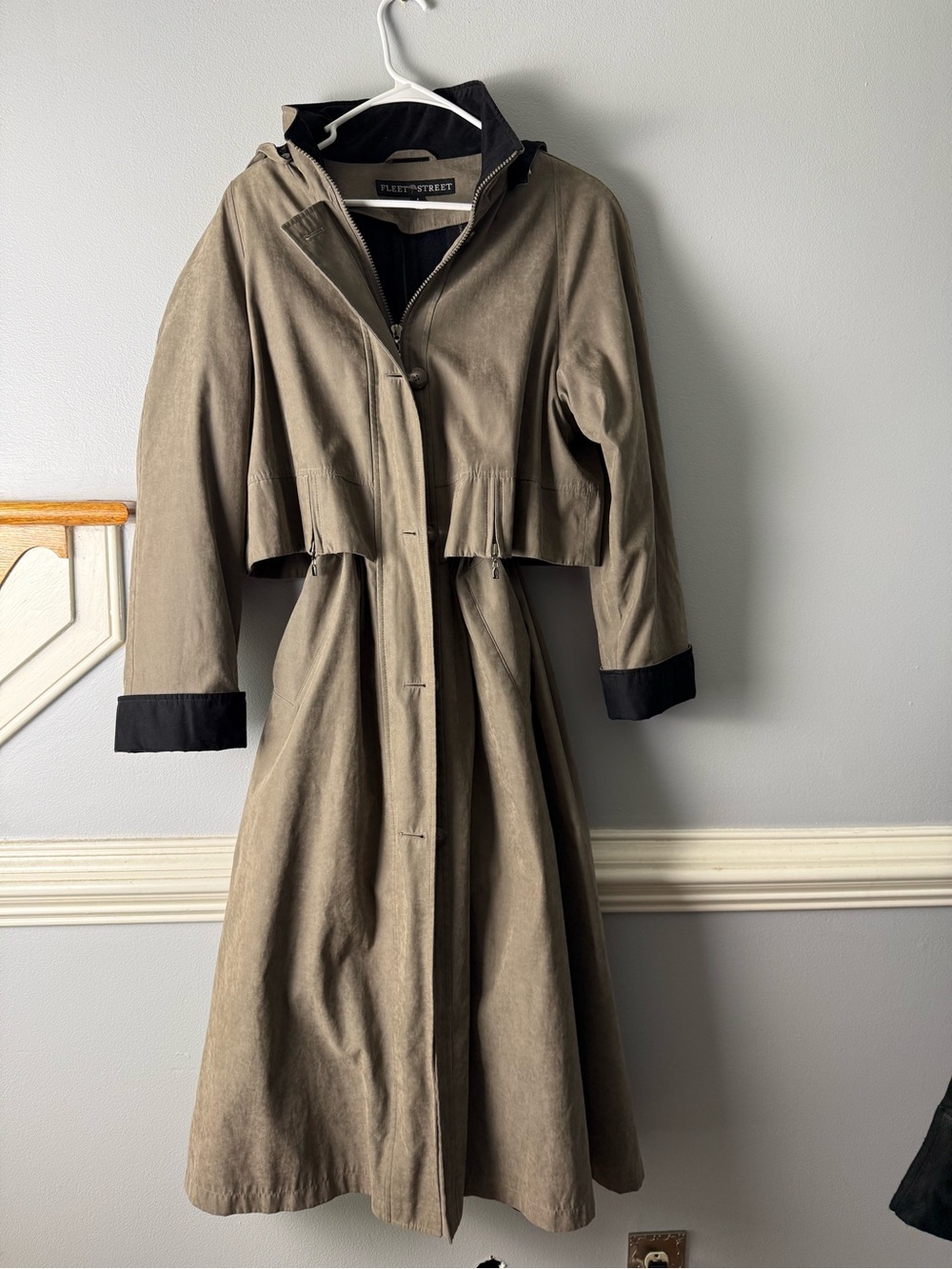 Vintage Fleet Street Olive Green Trench Coat with Black Trim Hooded